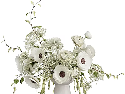 White Anemone Flower Arrangement in Ceramic Vase with Greenery and Babys Breath 3d model