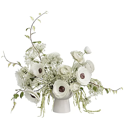 White Anemone Flower Arrangement in Ceramic Vase with Greenery and Babys Breath 3d model
