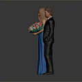 Man Standing With Woman Holding Colorful Flower Bouquet Against Gray Background