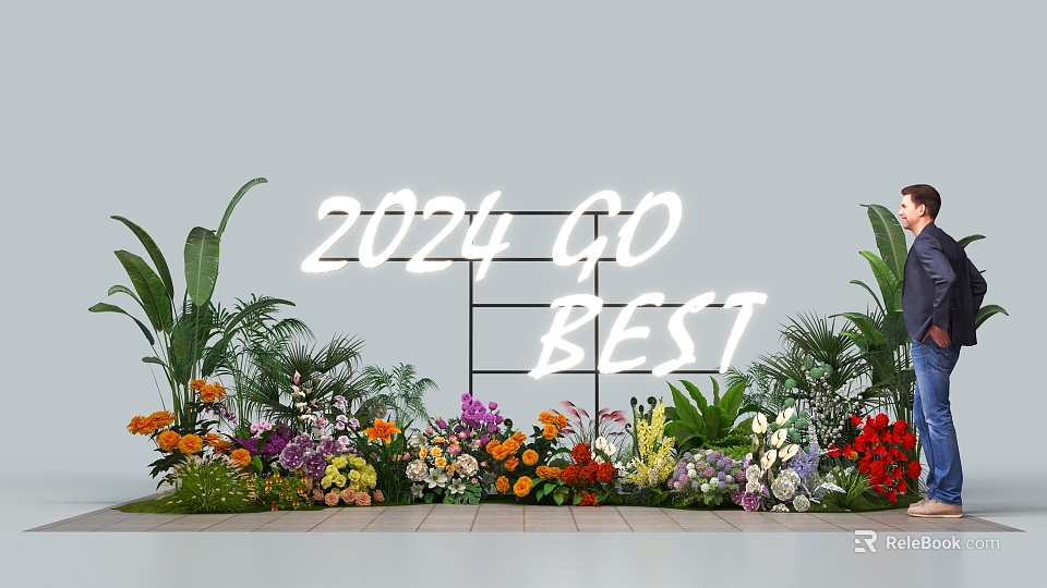 3D Letters Display of 2024 GO BEST with Colorful Flowers and Green Plants 3d model 