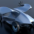 Futuristic Flying Car With Propellers And Blue Rimmed Wheels Flying In Sky