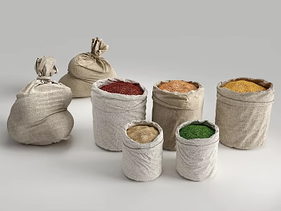 Burlap Storage Sacks and Containers with Various Colored Food Grains 3d model