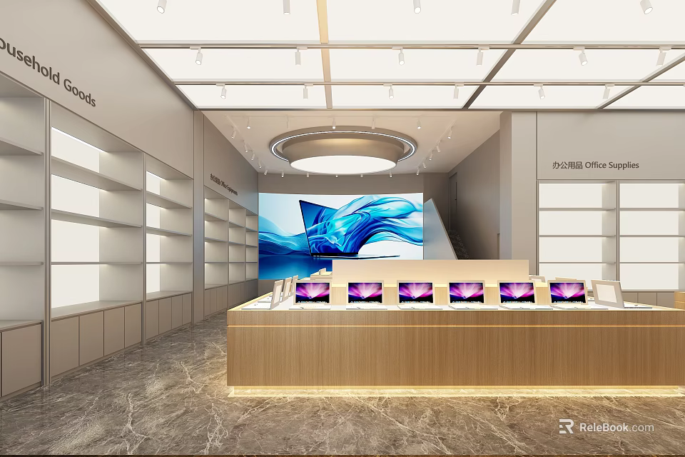 World Goods Photoelectric Office Supplies Store With Display Counter Multiple Screens And Large Screen Background 3d model