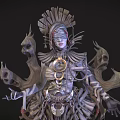 Fantasy Game Movie Character With Elaborate Headdress Multiple Arms And Ornate Metallic Costume