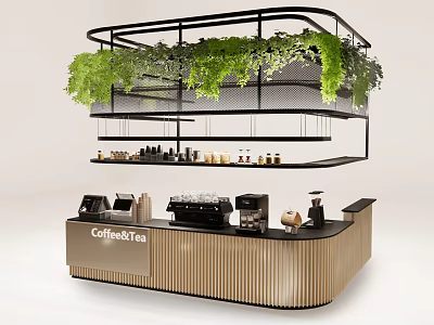Modern Bar Counter Design With Coffee Tea Equipment And Hanging Green Plants 3d model