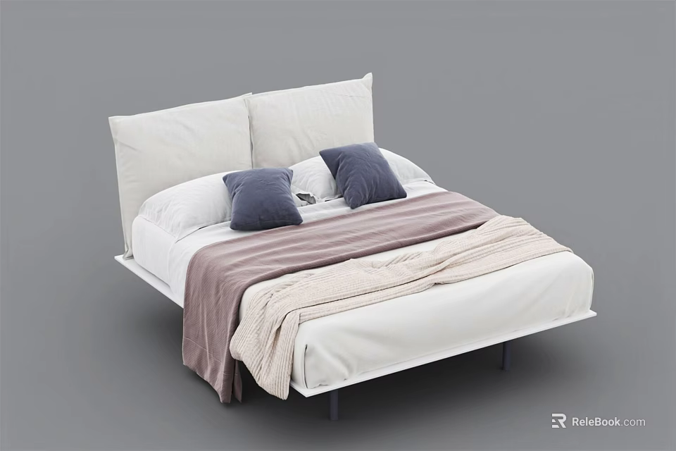 Double Bed With White Headboard Cushions Blue Throw Pillows And Pink Beige Blanket 3d model 