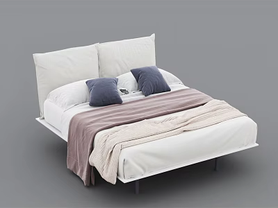 Double Bed With White Headboard Cushions Blue Throw Pillows And Pink Beige Blanket 3d model