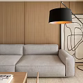 Modern Living Dining Room With Grey Sofa Wooden Coffee Table Floor Lamp And Wooden Wall