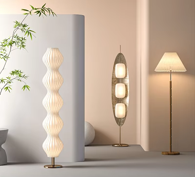 Modern Floor Lamps With Wave Texture Metal Frame And Fabric Shades In Interior Space 3d model