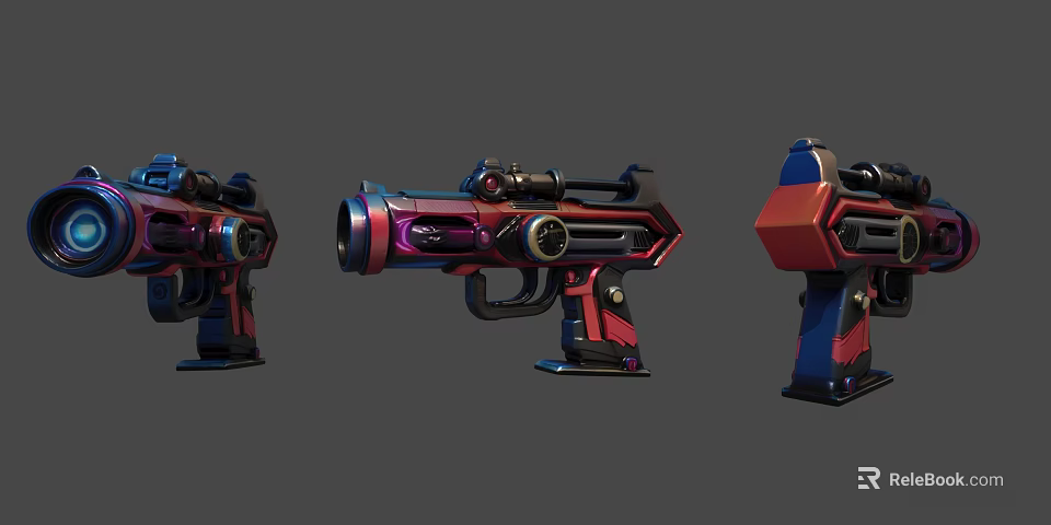 Futuristic 3D Rendered Pistol Weapon With Purple Red Blue Accents And Scope Detailed Design 3d model 