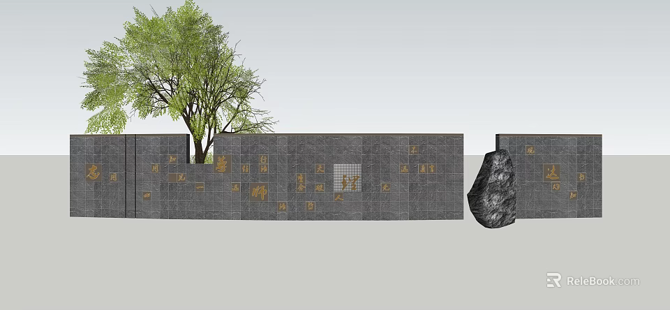 Feature Wall With Gray Brick Golden Inscriptions Tree And Rock Elements 3d model