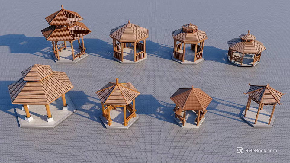 Various Wooden Pavilions With Hexagonal Octagonal Shapes Brown Tiled Roofs White Bases On Gray Ground 3d model 