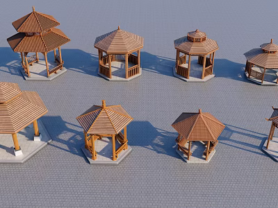 Various Wooden Pavilions With Hexagonal Octagonal Shapes Brown Tiled Roofs White Bases On Gray Ground 3d model