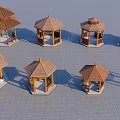 Various Wooden Pavilions With Hexagonal Octagonal Shapes Brown Tiled Roofs White Bases On Gray Ground