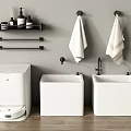 Modern Bathroom Featuring Two White Square Sinks Smart Toilet Black Towel Racks And Toiletries Shelf