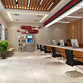 Bright Modern Service Hall Interior With Counters Computers Seating And Green Plants 3d model