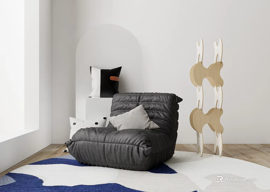 Cozy Black Bean Bag Chair In Modern Living Space With Soft Pillows And Decorative Wooden Rack 3d model 