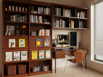 Wooden Bookcase With Books Decorative Frames Desk Lamp Computer And Chair 3d model