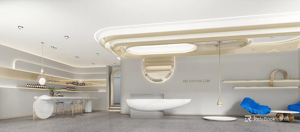 Beauty Villa Modern Hair Salon Interior With Curved Ceiling Soft Lighting And Minimalist Design 3d model 