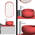 Modern Red Bowl Shaped Washbasin With Silver Faucet And White Cabinet Mirror