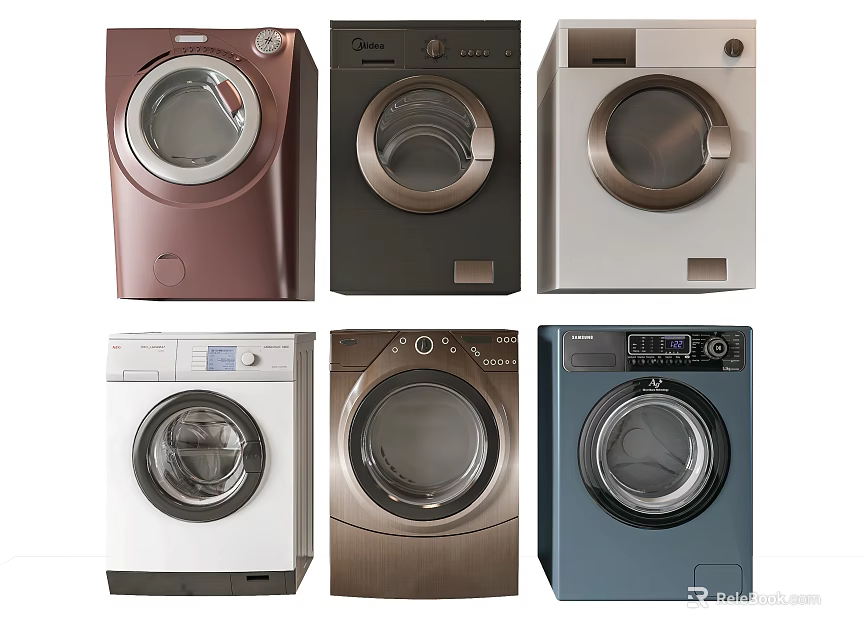 Multiple Modern Washing Machines In Various Colors And Different Styles 3d model