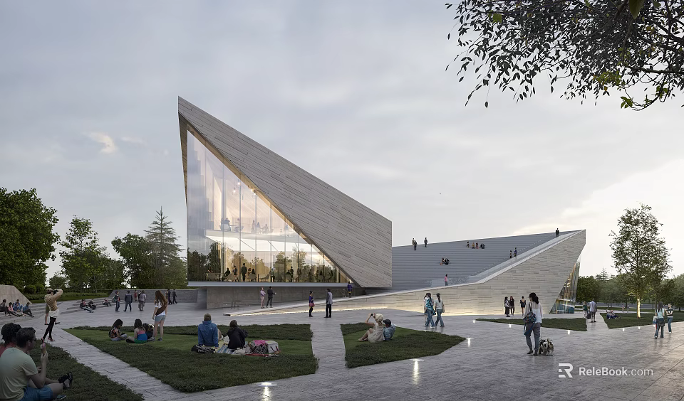 Modern Geometric Building Featuring Glass Stone Facade In Open Plaza With People Gathering And Trees 3d model 