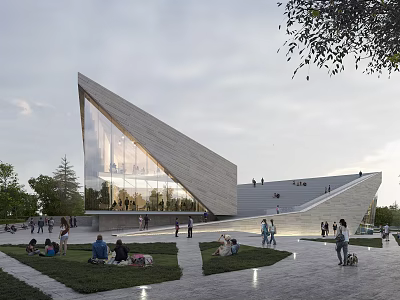 Modern Geometric Building Featuring Glass Stone Facade In Open Plaza With People Gathering And Trees 3d model