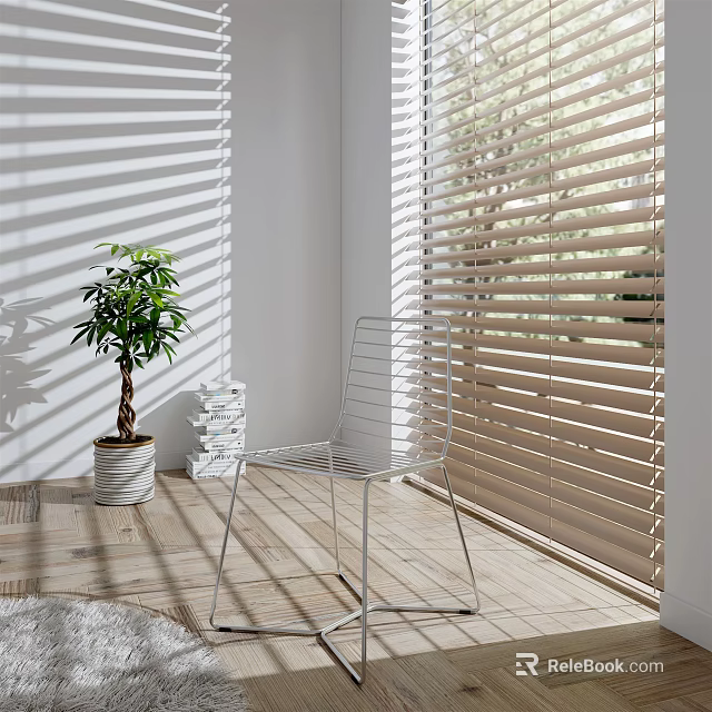 Light Wooden Blinds in Bright Room with Sunlight Shadows White Chair and Green Plant 3d model 