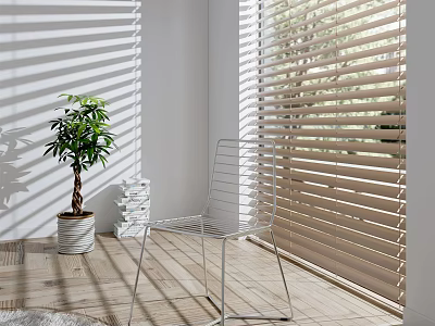 Light Wooden Blinds in Bright Room with Sunlight Shadows White Chair and Green Plant 3d model