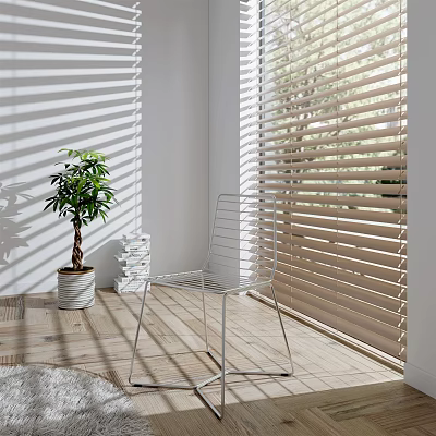 Light Wooden Blinds in Bright Room with Sunlight Shadows White Chair and Green Plant 3d model