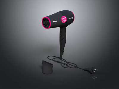 Modern Black And Pink Hair Dryer With Power Plug And Stand For Home Use 3d model