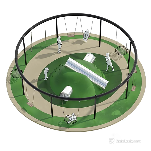 Outdoor Circular Playground With Swings Black Metal Frames Green Surface And Children Playing 3d model 