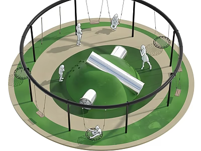 Outdoor Circular Playground With Swings Black Metal Frames Green Surface And Children Playing 3d model