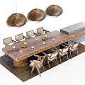 Rustic Dining Table Set With Wooden Tabletop Chairs And Straw Pendant Lights 3d model