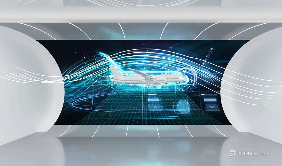 Futuristic Digital Airplane Display With Blue Swirling Lines And Grid Background 3d model 