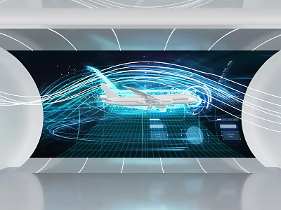 Futuristic Digital Airplane Display With Blue Swirling Lines And Grid Background 3d model