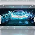 Futuristic Digital Airplane Display With Blue Swirling Lines And Grid Background