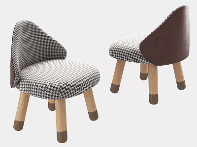 Stylish Accent Chairs with Black White Houndstooth Fabric Dark Brown Leather Backrest and Wooden Legs 3d model