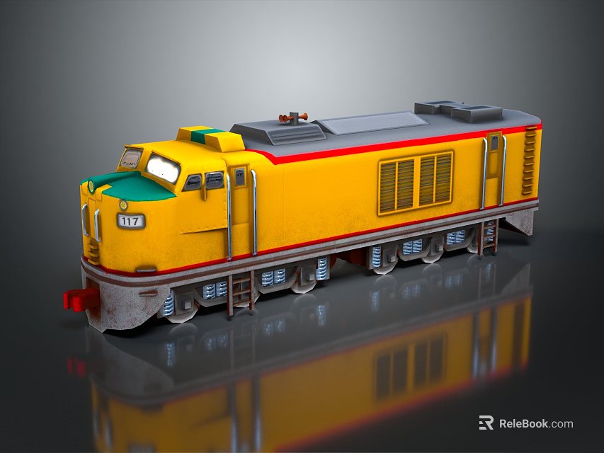 Vintage Metallic Yellow Train Model With Green Front Gray Top Number 107 Reflective Dark Background 3d model 