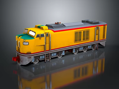 Vintage Metallic Yellow Train Model With Green Front Gray Top Number 107 Reflective Dark Background 3d model