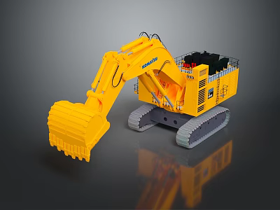 Yellow Tracked Utility Vehicle Excavator with Front Bucket and Cage Containing Black Items 3d model