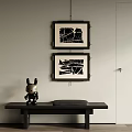 Black Modern Console Table With Rabbit Figurine And Framed Abstract Artworks 3d model