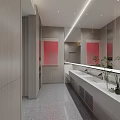 Modern Public Restroom With Wooden Walls Large Mirrors Red Decorative Painting And White Sinks