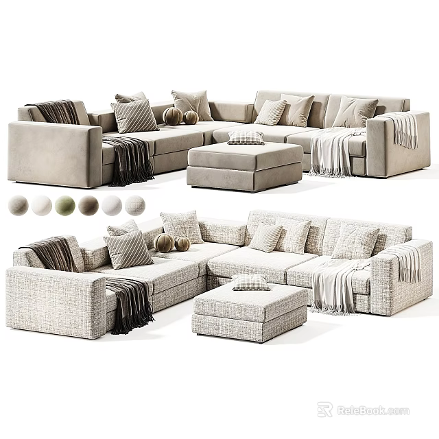 Spacious Sectional Sofa With Multiple Pillows Cozy Throws Ottoman And Neutral Color Swatches 3d model 