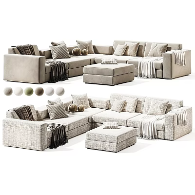Spacious Sectional Sofa With Multiple Pillows Cozy Throws Ottoman And Neutral Color Swatches 3d model