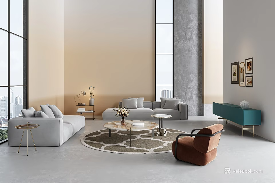 Living Room Modern Sofa and Coffee Table Set With Round Table Decorative Flowers Floor Lamp 3d model 