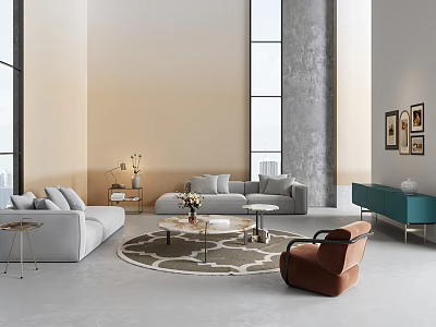 Living Room Modern Sofa and Coffee Table Set With Round Table Decorative Flowers Floor Lamp 3d model