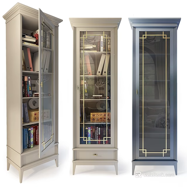 Elegant Glass Door Cabinets In Various Colors With Book Storage And Decorative Design 3d model 