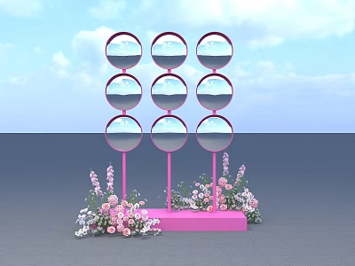 Pink Pillars With Round Mirrors And Pink Base Photo Spot With Flowers And Blue Sky 3d model