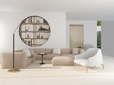 Modern Sofa And Coffee Table Combination With Round Bookshelf Floor Lamp Accent Chair And Rug 3d model